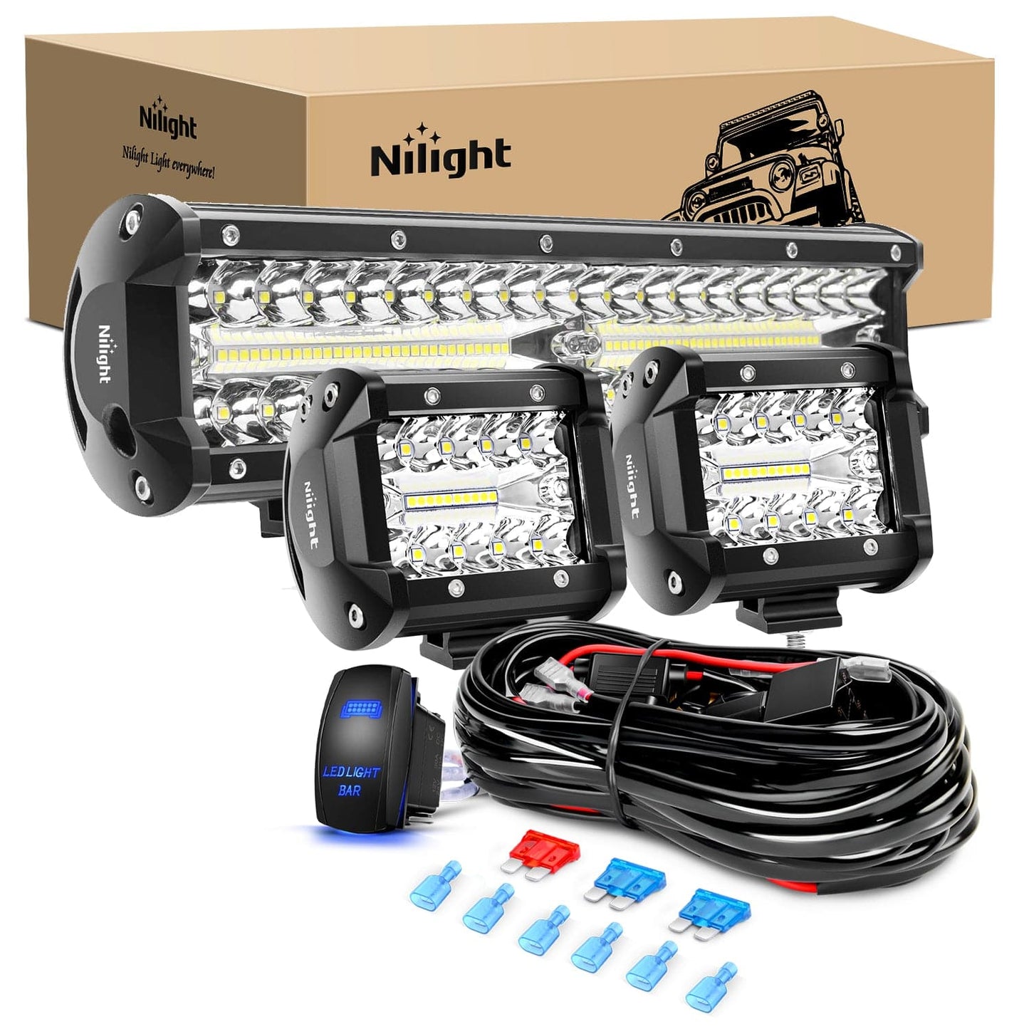 12 Inch 300W Triple Row Light Bar 4Inch 60W Pods with Wiring Harness Kit-3 Lead Light Bars - Top Tuning Boost