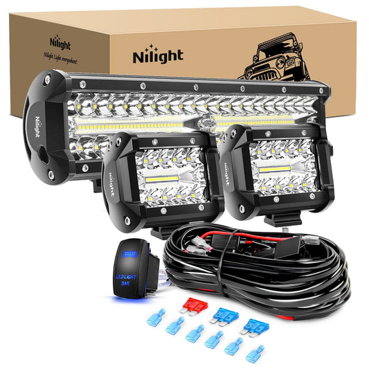 12 Inch 300W Triple Row Light Bar 4Inch 60W Pods with Wiring Harness Kit-3 Lead Light Bars - Top Tuning Boost