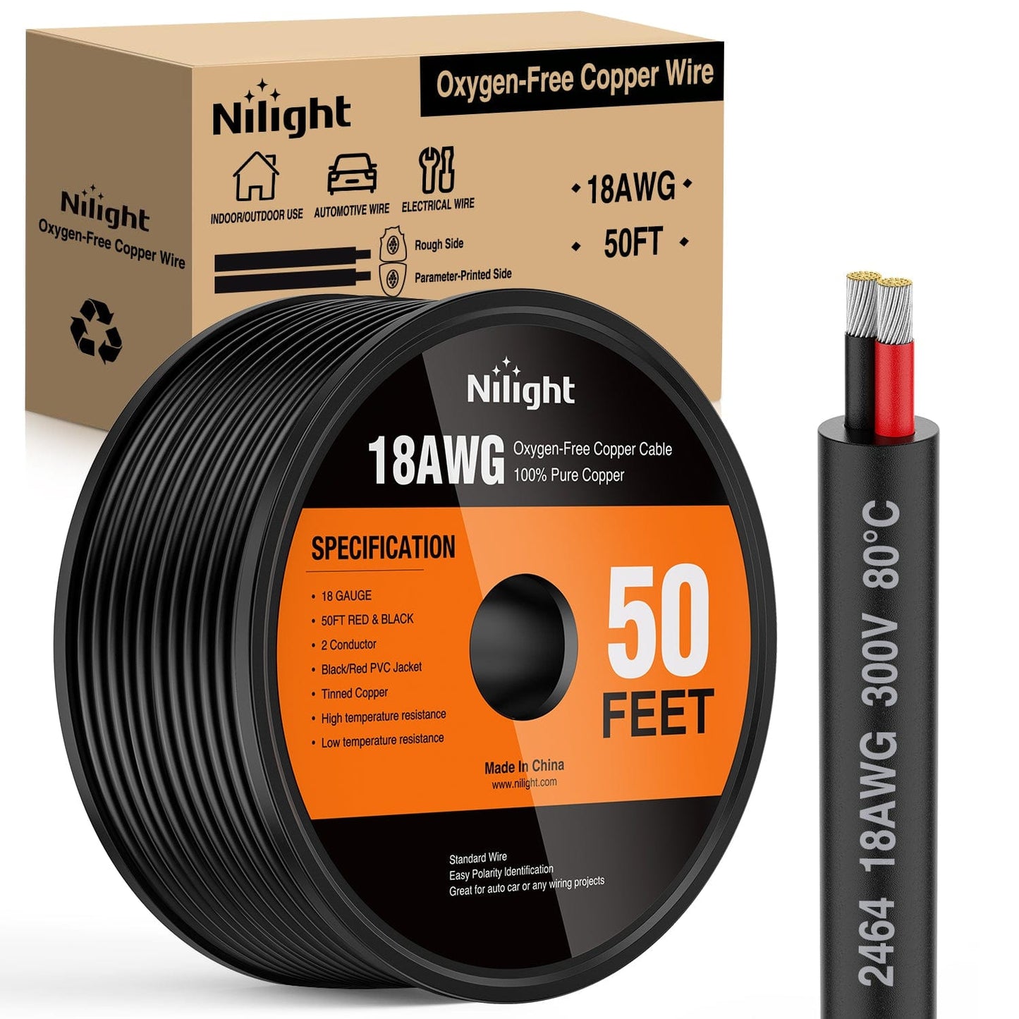 Wiring Harness Kit 50FT 18AWG Oxygen-Free Copper Wire Red Black Electrical Wire Stranded PVC Cord 2 Conductor Parallel 300V DC Flexible Extension Cords