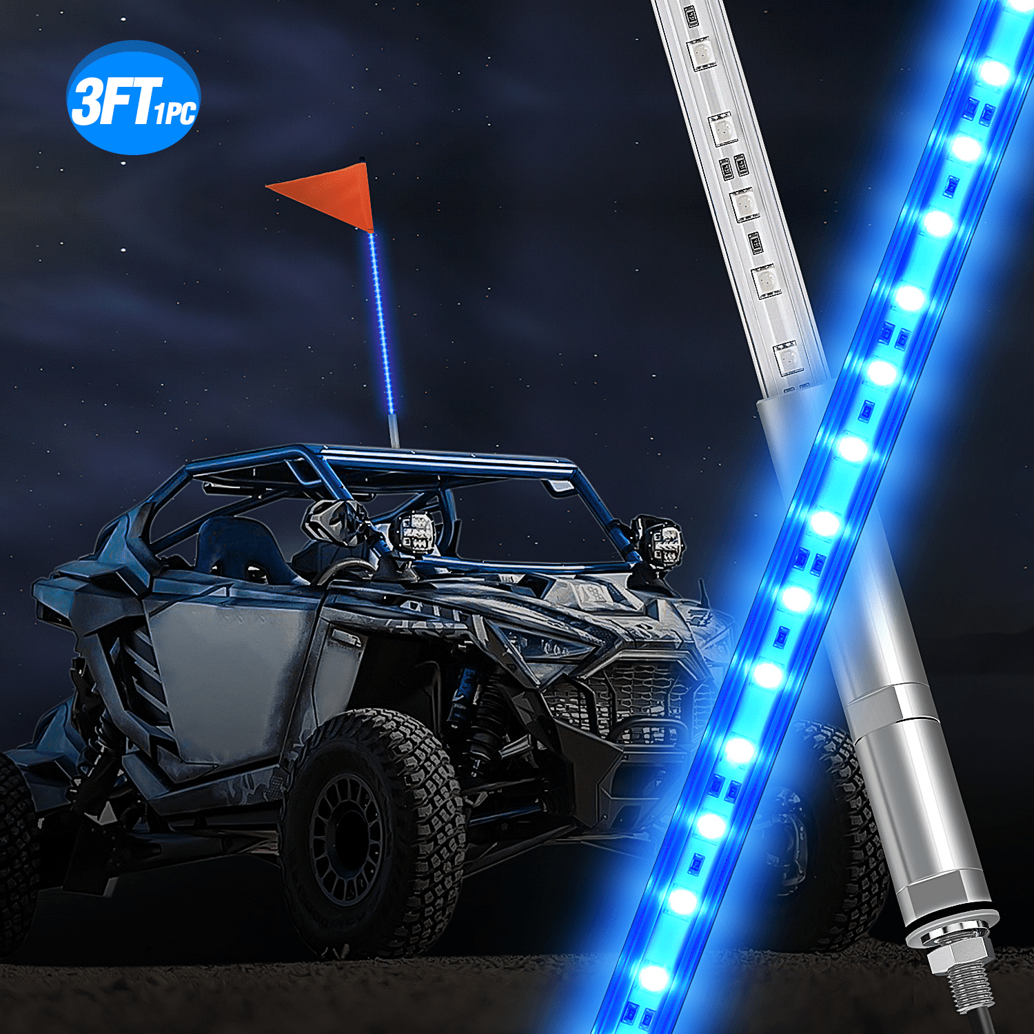 3FT LED Blue Whip Light with Aluminum Base Blue Color Headlights - Top Tuning Boost