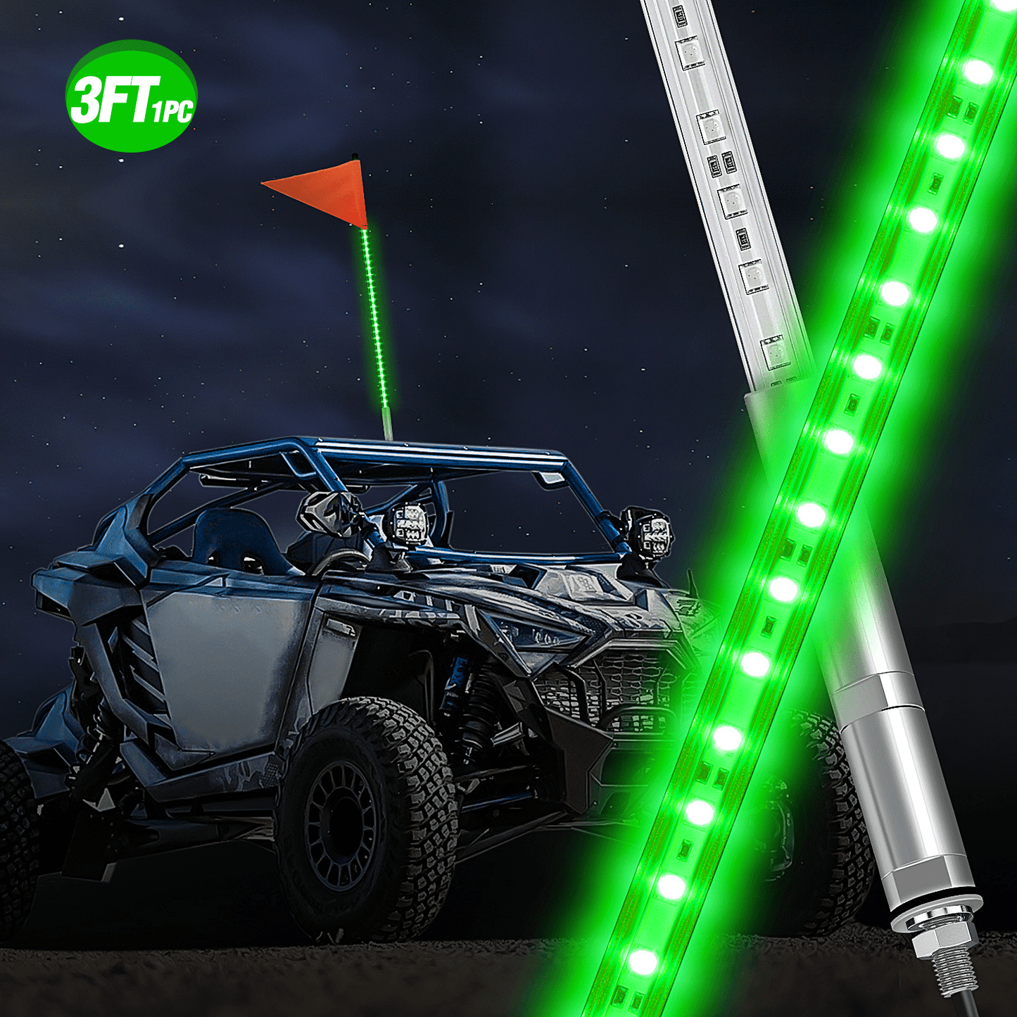 3FT LED Whip Light with Aluminum Base Green Color Headlights - Top Tuning Boost