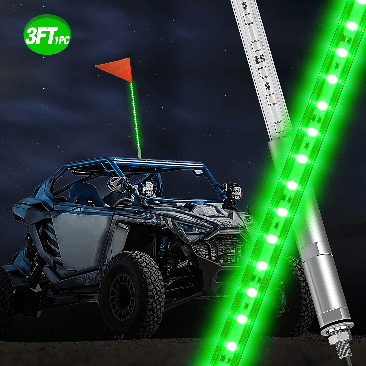 3FT LED Whip Light with Aluminum Base Green Color Headlights - Top Tuning Boost