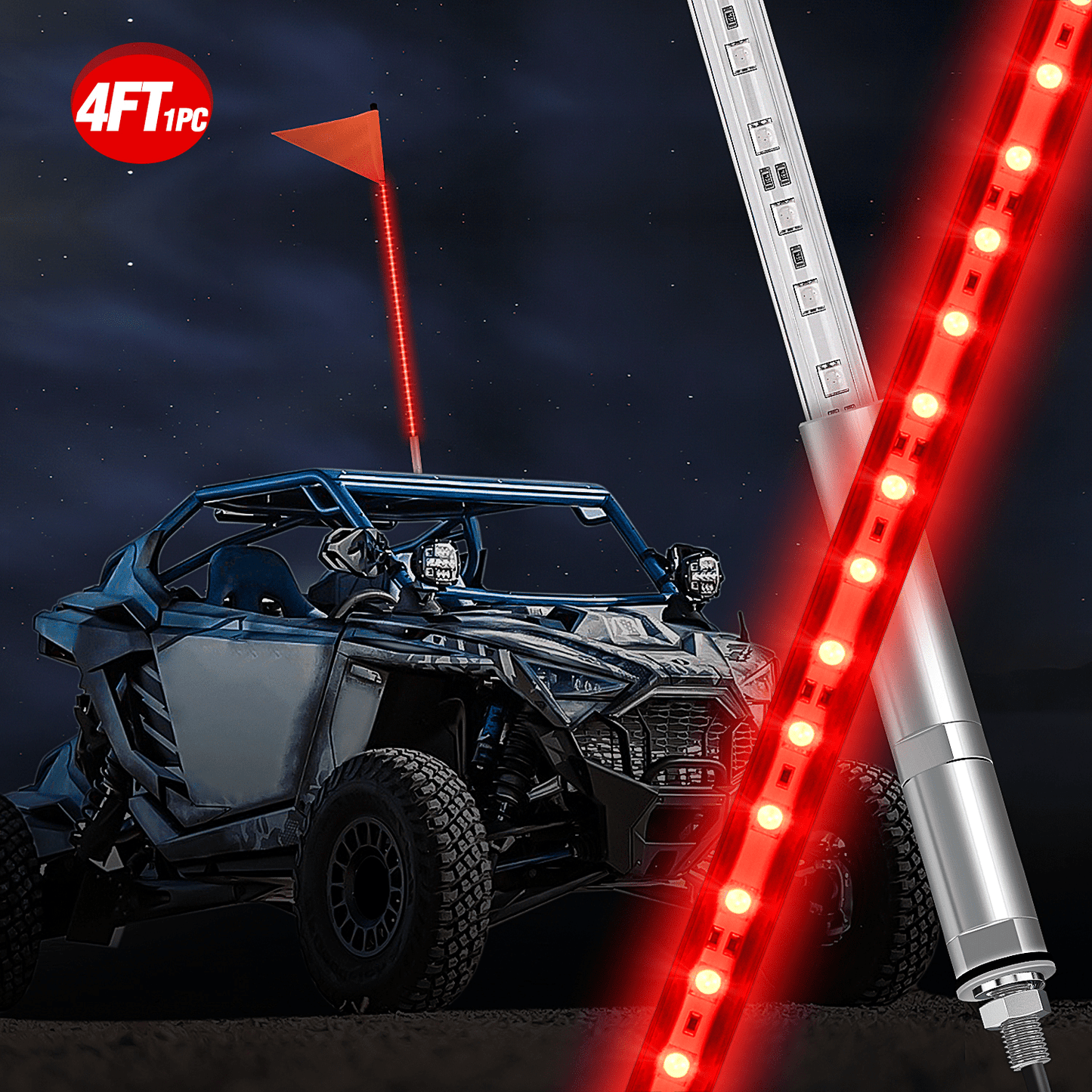 4FT LED Whip Light with Aluminum Base Red Color Headlights - Top Tuning Boost