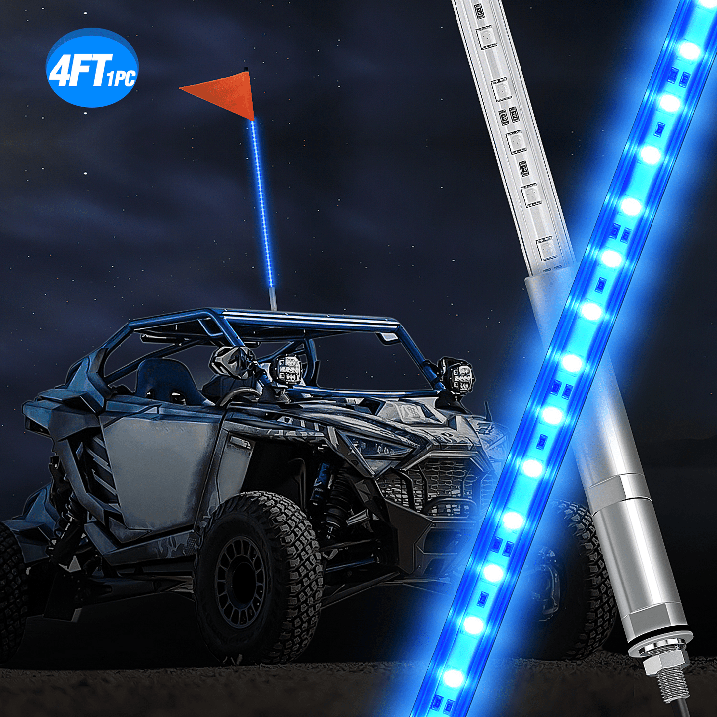 4FT LED Blue Whip Light with Aluminum Base Blue Color Headlights - Top Tuning Boost