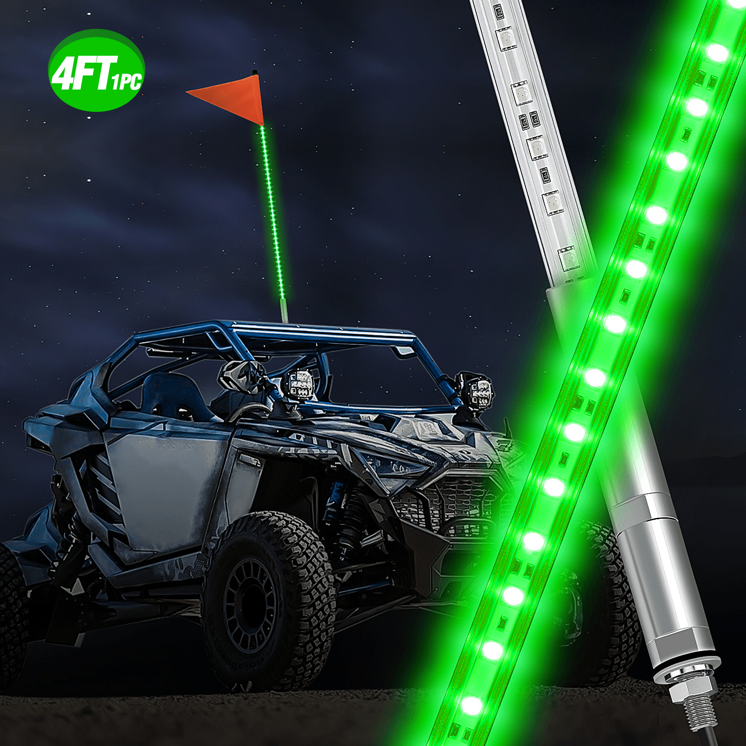 4FT LED Whip Light with Aluminum Base Green Color Headlights - Top Tuning Boost