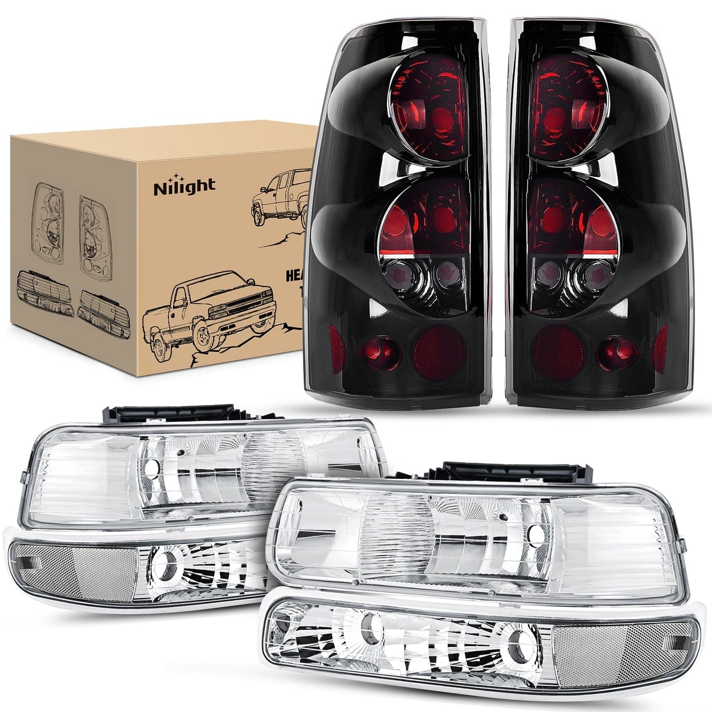 Headlight and Taillight Assembly Combo Compatible with 1999 2000 2001 2002 Chevy Silverado 1500 2500 1500HD 2500HD 3500 OE Style Chrome Housing Clear Reflector Smoke Tail Lights - Top Tuning Boost