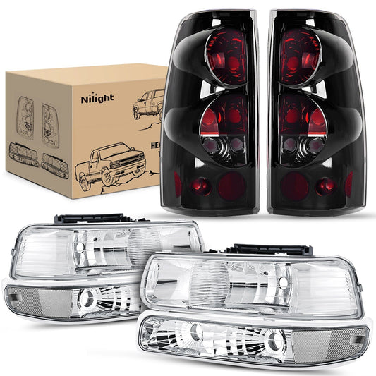 Headlight and Taillight Assembly Combo Compatible with 1999 2000 2001 2002 Chevy Silverado 1500 2500 1500HD 2500HD 3500 OE Style Chrome Housing Clear Reflector Smoke Tail Lights - Top Tuning Boost