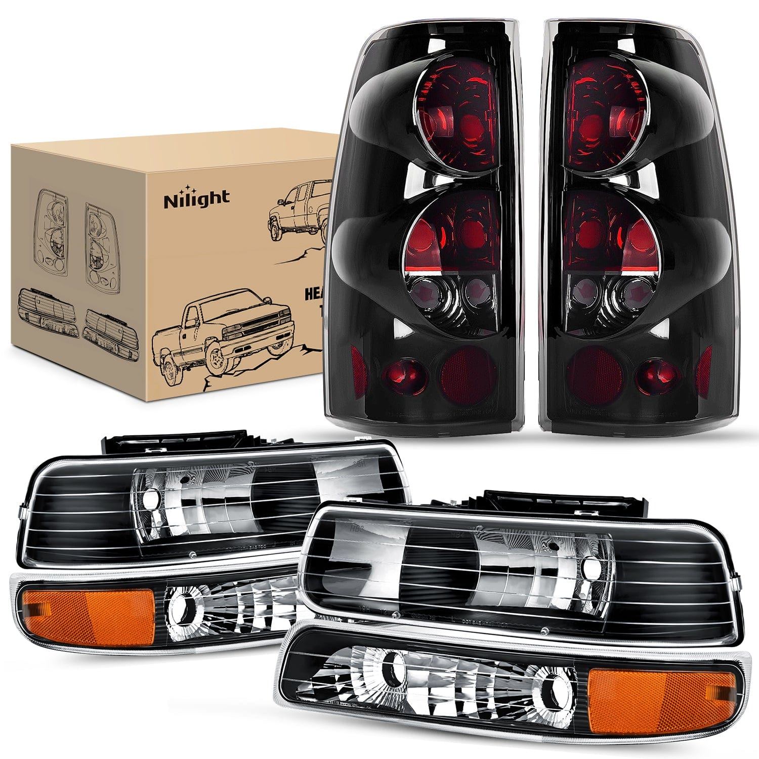 Headlight and Taillight Assembly Combo Compatible with 1999 2000 2001 2002 Chevy Silverado 1500 2500 1500HD 2500HD 3500 OE Style Black Housing Amber Reflector Smoke Tail Lights - Top Tuning Boost
