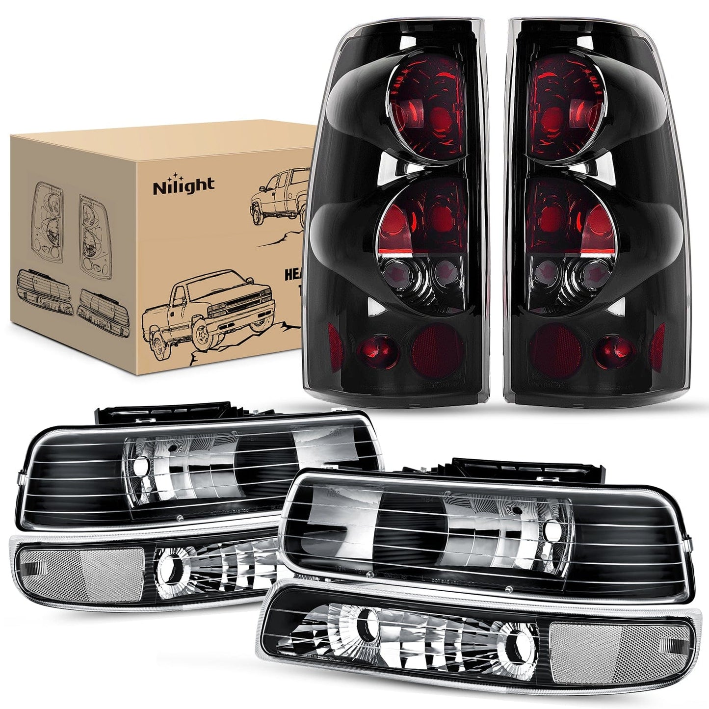 Headlight and Taillight Assembly Combo Compatible with 1999 2000 2001 2002 Chevy Silverado 1500 2500 1500HD 2500HD 3500 OE Style Black Housing Clear Reflector Smoke Tail Lights - Top Tuning Boost