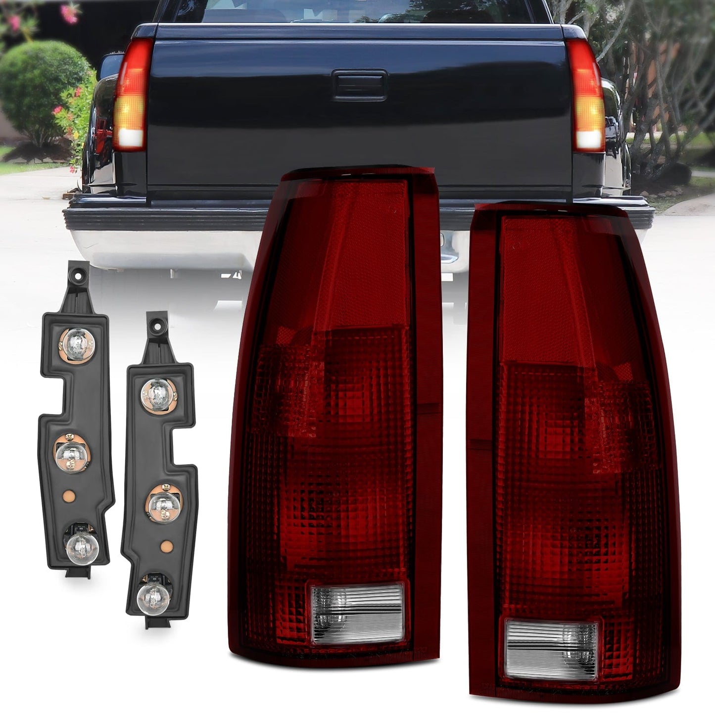 Taillight Assembly Compatible with 1988 1989 1990 1991 1992 1993 1994 1995 1996 1997 1998 1999 Chevy GMC C/K Suburban Blazer Tahoe Yukon 2000 Cadillac Escalade Pair Dark Red Lens Tail Lights - Top Tuning Boost