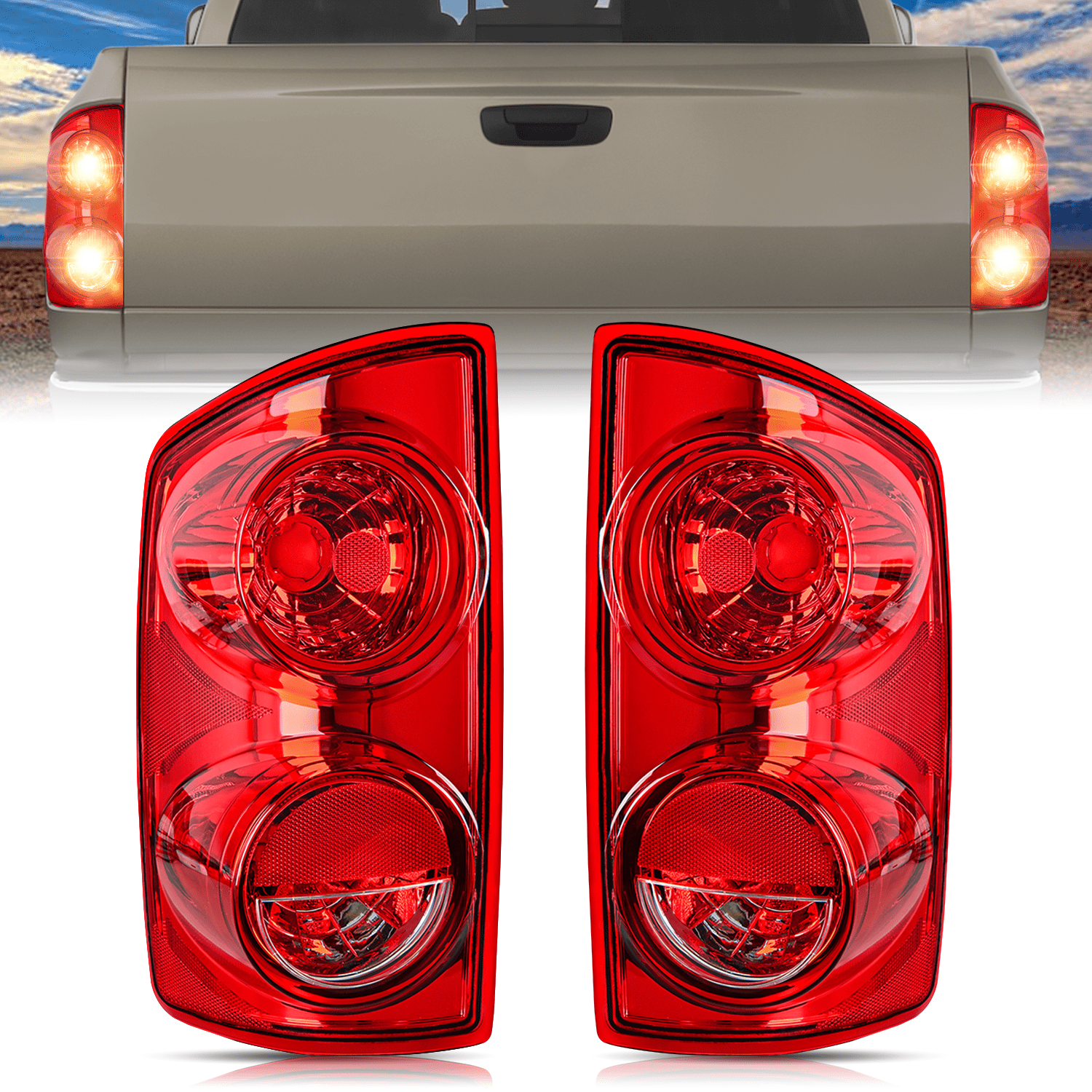 Headlight and Taillight Assembly Combo Compatible with 2007 2008 2009 Dodge Ram 1500 2500 3500 OE Style Chrome Housing Amber Reflector with Red Housing Tail Lights Tail Lights - Top Tuning Boost