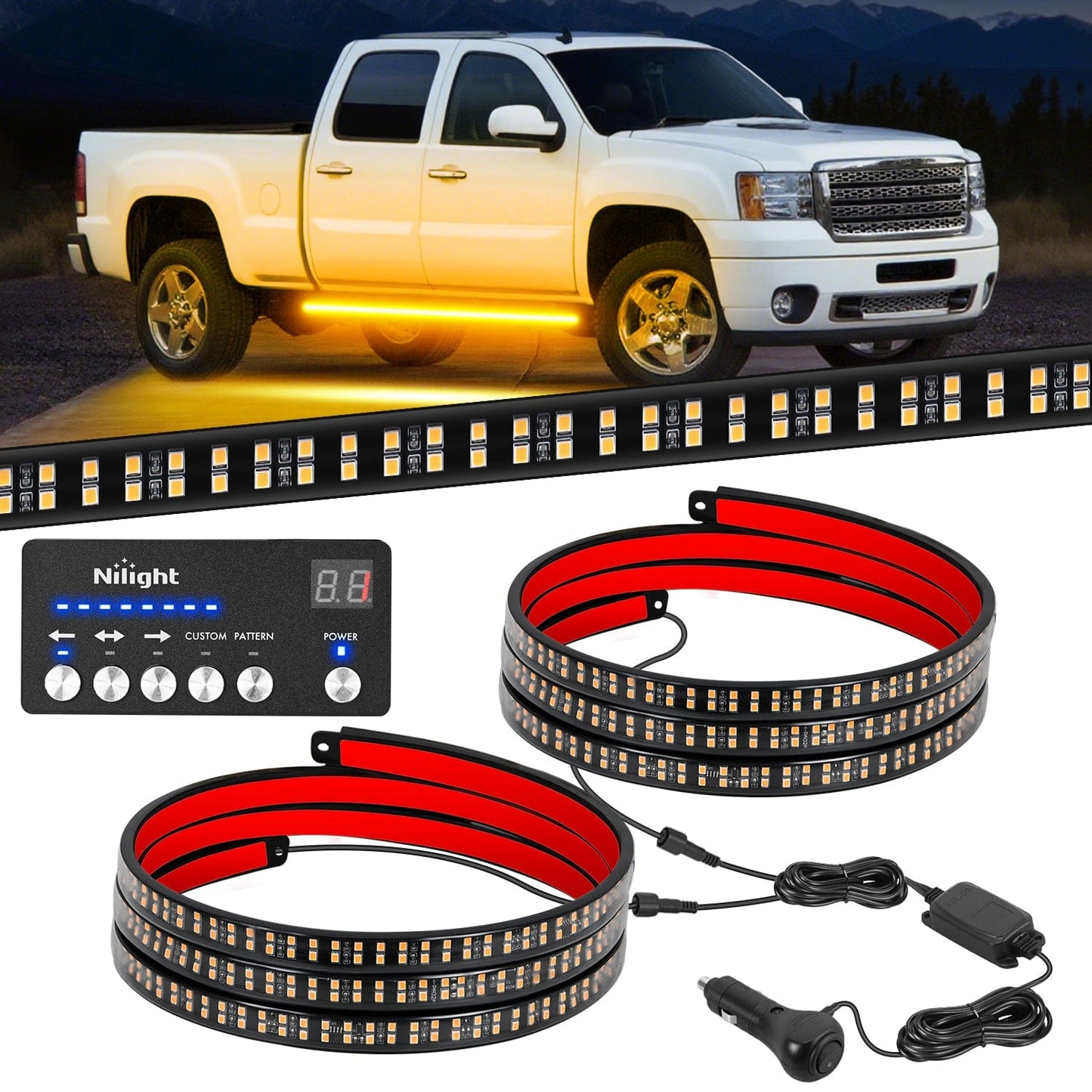 2PCS 70 Inch Emergency Strobe Light Strip with Controller 864 LED Amber Running Board Lights Flexible Side Flashing Warning Caution Safety Waterproof for Truck Construction Pickup Headlights - Top Tuning Boost