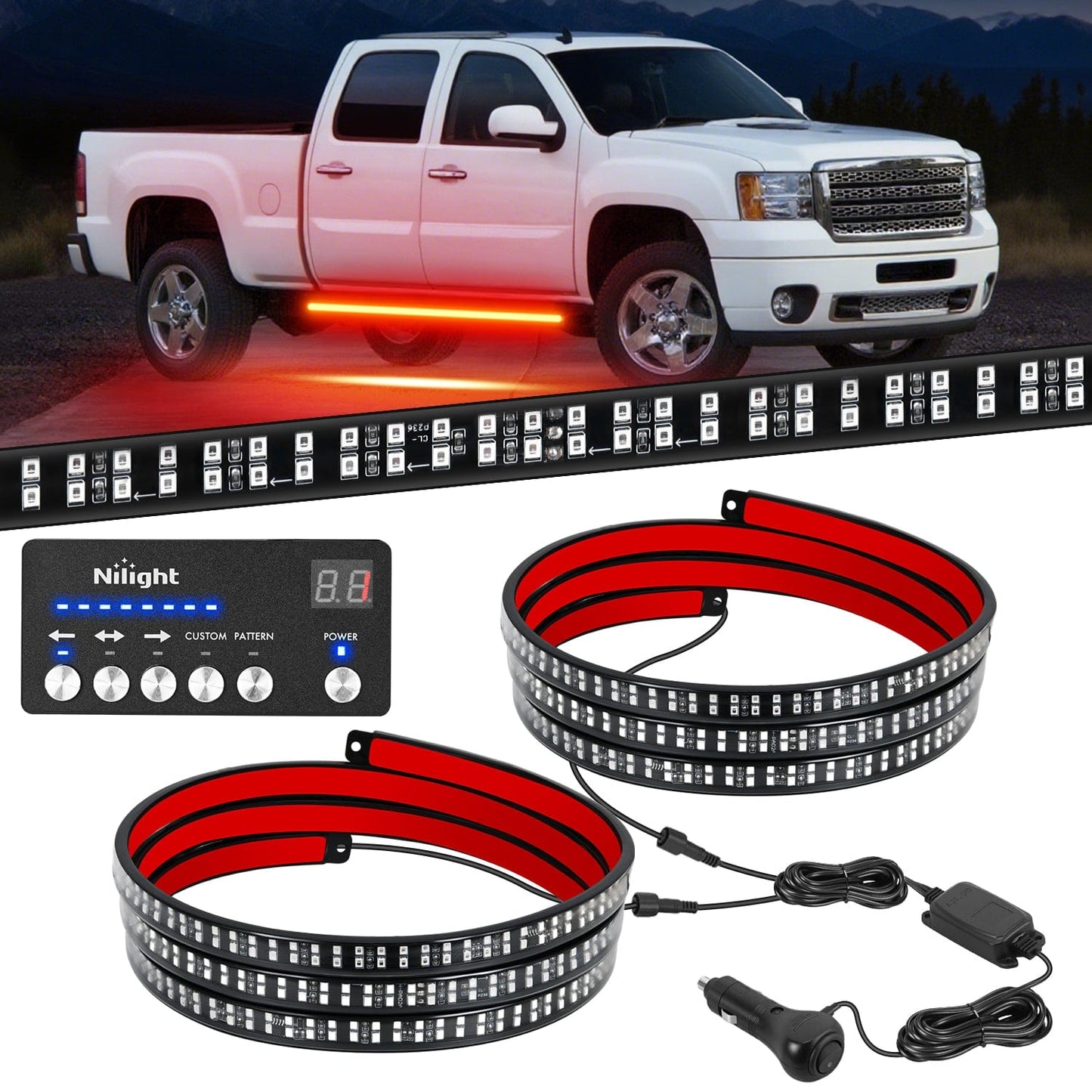 2PCS 70 Inch Emergency Strobe Light Strip with Controller 864 LED Red Running Board Lights Flexible Side Flashing Warning Caution Safety Waterproof for Truck Construction Pickup Headlights - Top Tuning Boost