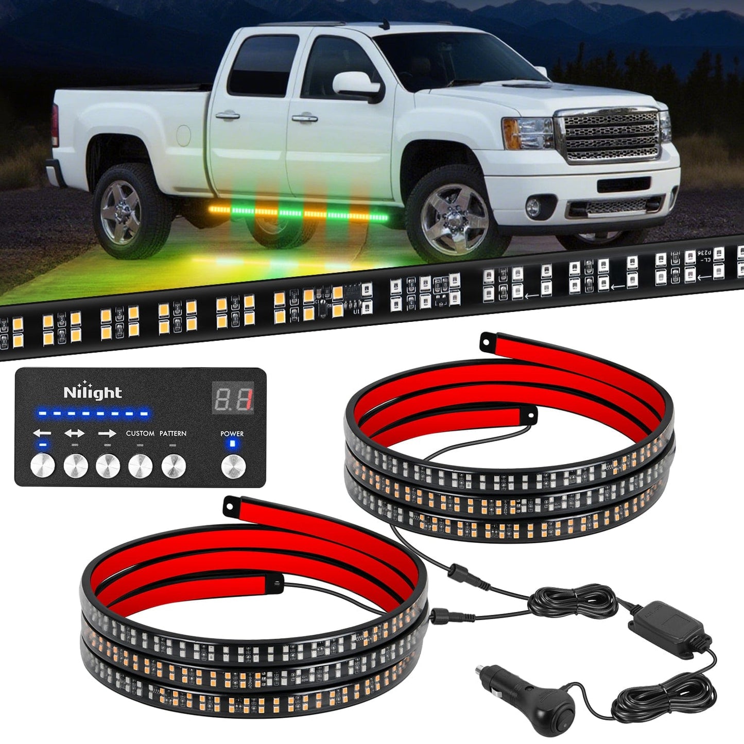 2PCS 70 Inch Emergency Strobe Light Strip with Controller 864 LED Amber Green Running Board Lights Flexible Side Flashing Warning Caution Safety Waterproof for Truck Construction Pickup Headlights - Top Tuning Boost