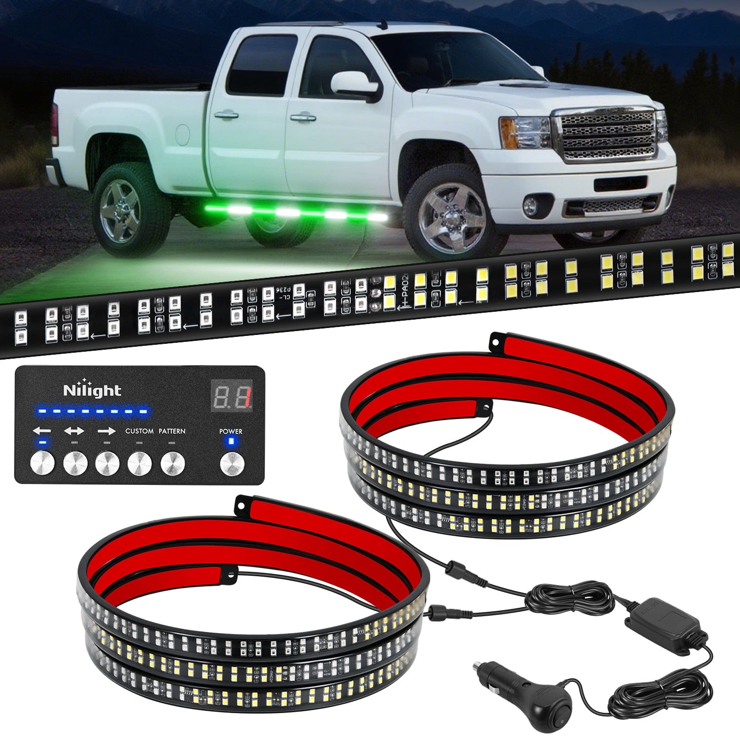 2PCS 70 Inch Emergency Strobe Light Strip with Controller 864 LED Green White Running Board Lights Flexible Side Flashing Warning Caution Safety Waterproof for Truck Construction Pickup Headlights - Top Tuning Boost