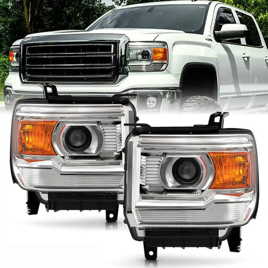 Chrome Projector Headlights fitting 2014-2015 GMC Sierra 1500 and 2015-2019 2500HD/3500HD, set against a white GMC Sierra truck background.