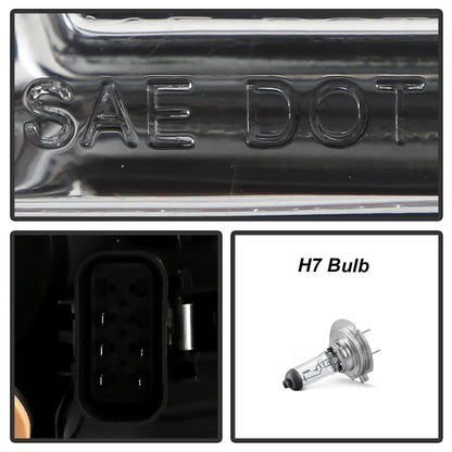 Component details for 2014-2015 GMC Sierra 1500 and 15-19 2500HD/3500HD headlights: SAE DOT markings, 8-pin connector, and H7 bulb.
