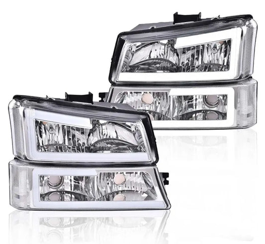 2003–2007 Chevy Silverado and Avalanche chrome LED DRL headlight and bumper lamp set front view