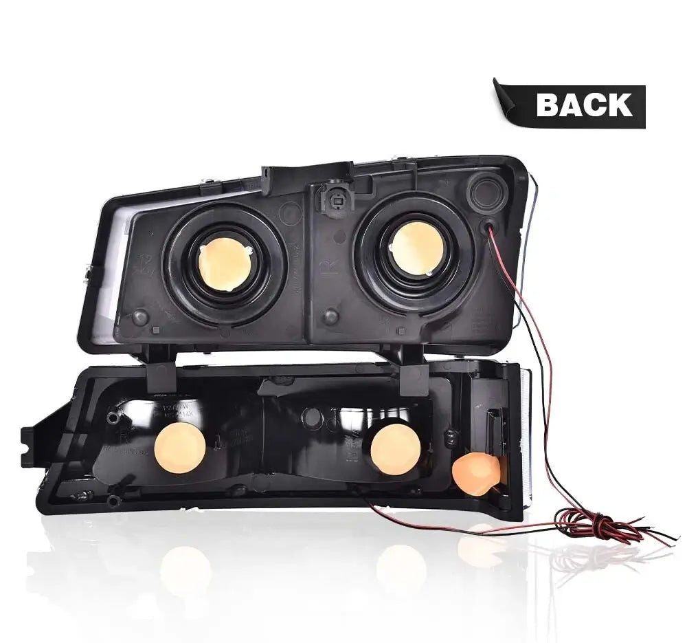 Back view of Avalanche Silverado headlight assembly showing 9005 high beam and 9006 low beam bulb sockets and mounting points