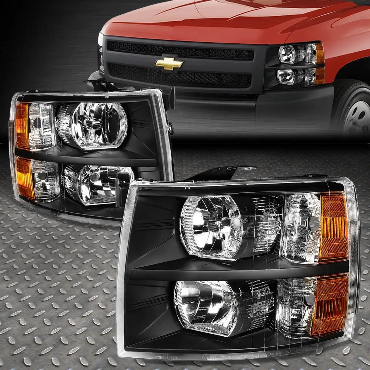 2007–2014 Chevy Silverado black headlight assembly pair front view with amber reflectors