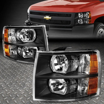 2007–2014 Chevy Silverado black headlight assembly pair front view with amber reflectors