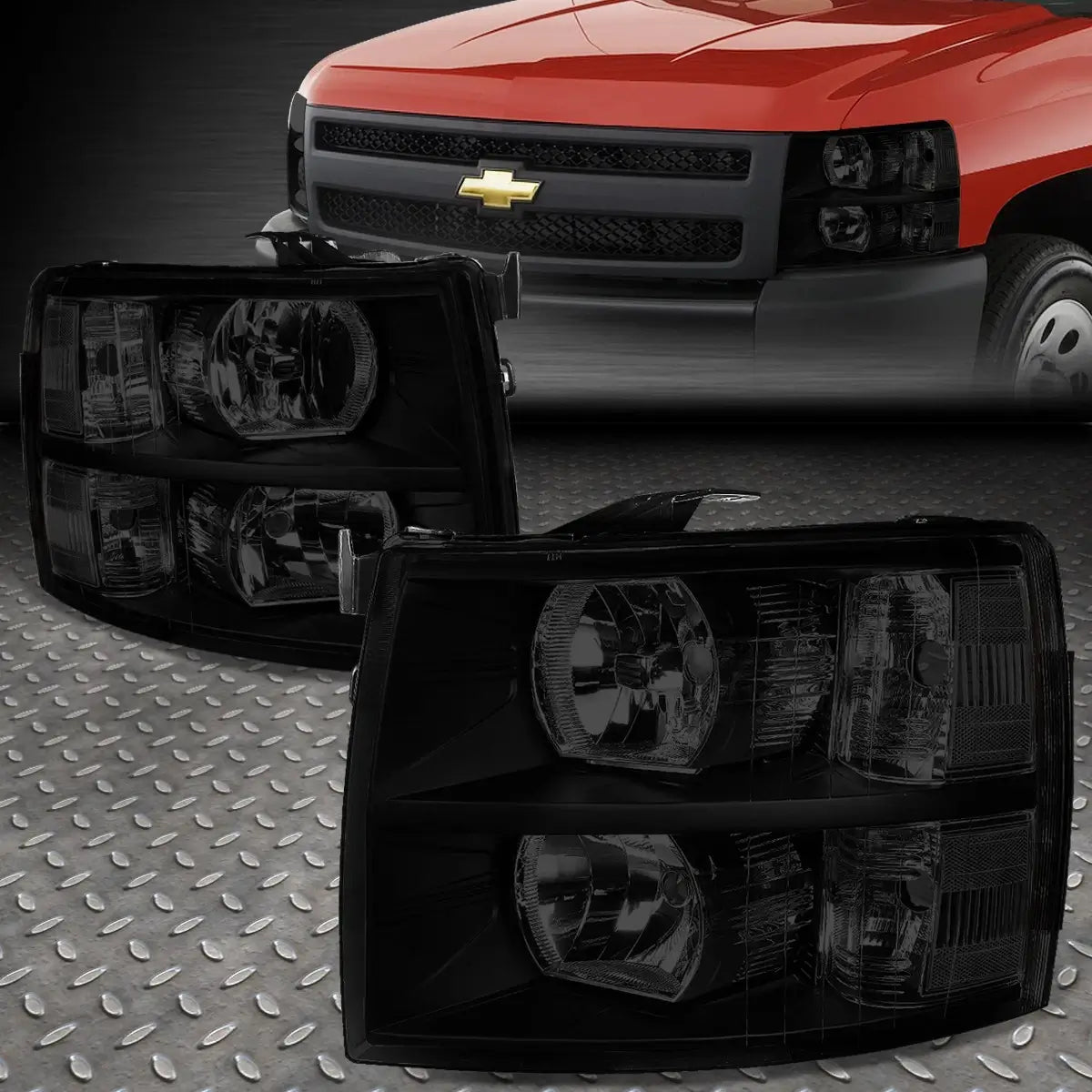 2007–2014 Chevy Silverado black tinted headlight assembly pair front view

