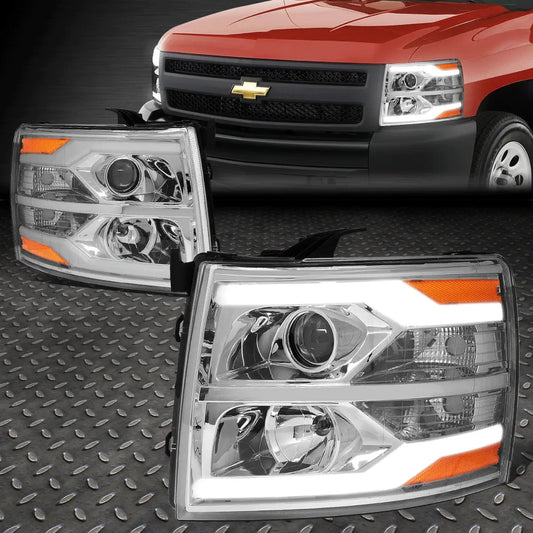 2007-2013 Chevy Silverado black headlight assembly pair front view showing clear lens and reflector design
