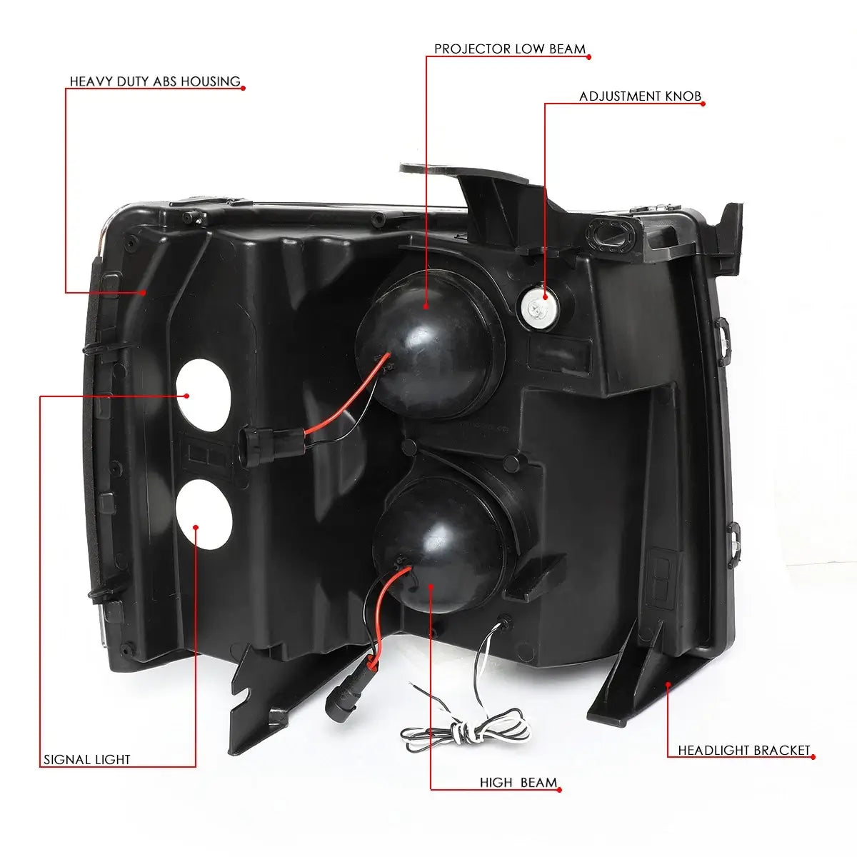 Back view of 2007-2013 Silverado headlight assembly showing mounting points and electrical connectors
