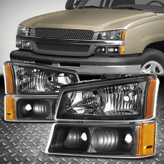 2003-2006 Chevy Silverado Avalanche 4-piece headlight and bumper light set with black housing and amber reflector
