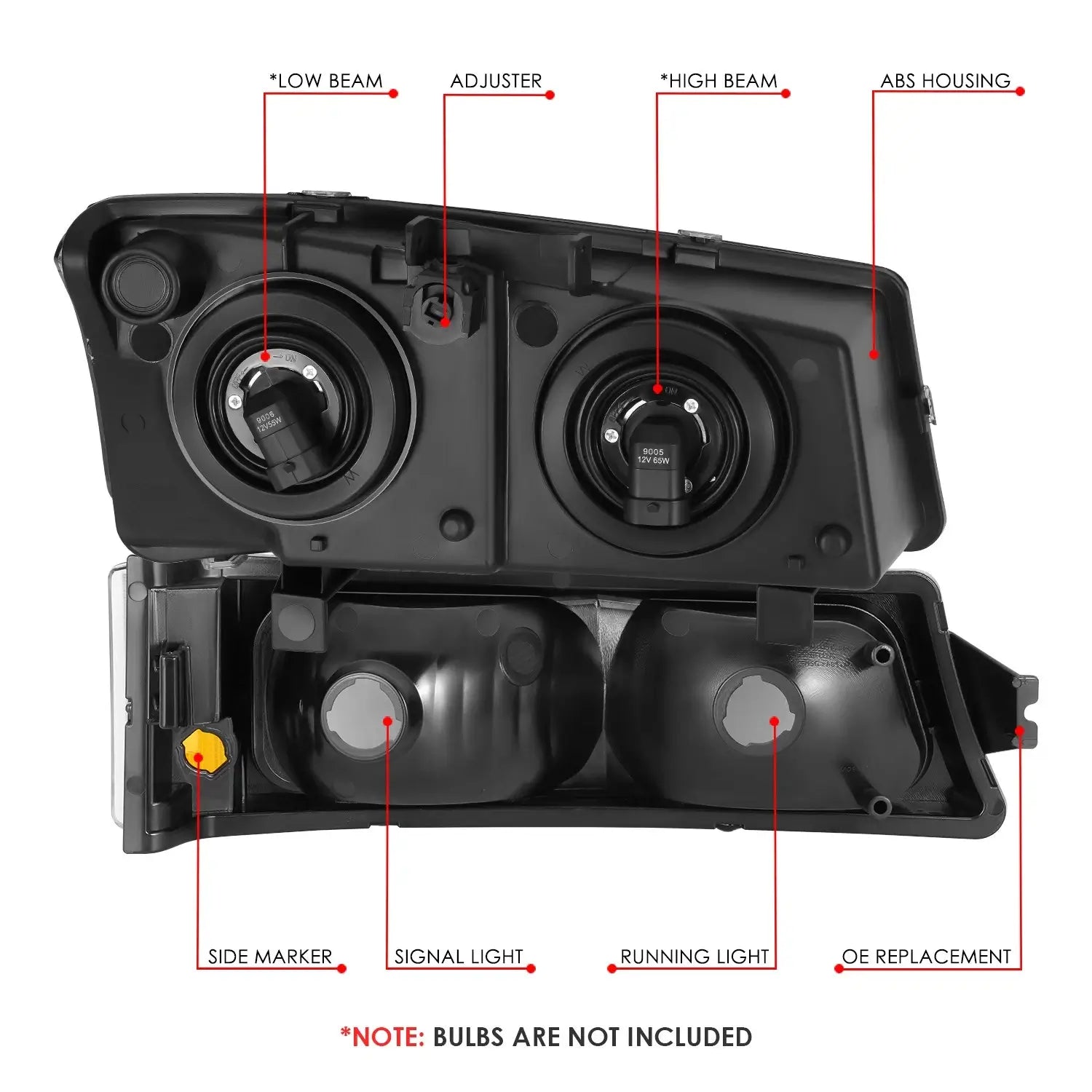 Back view of Silverado replacement headlight assembly showing bulb sockets and mounting points

