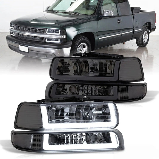 1999–2002 Chevy Silverado tinted headlight assembly pair with LED DRL front view
