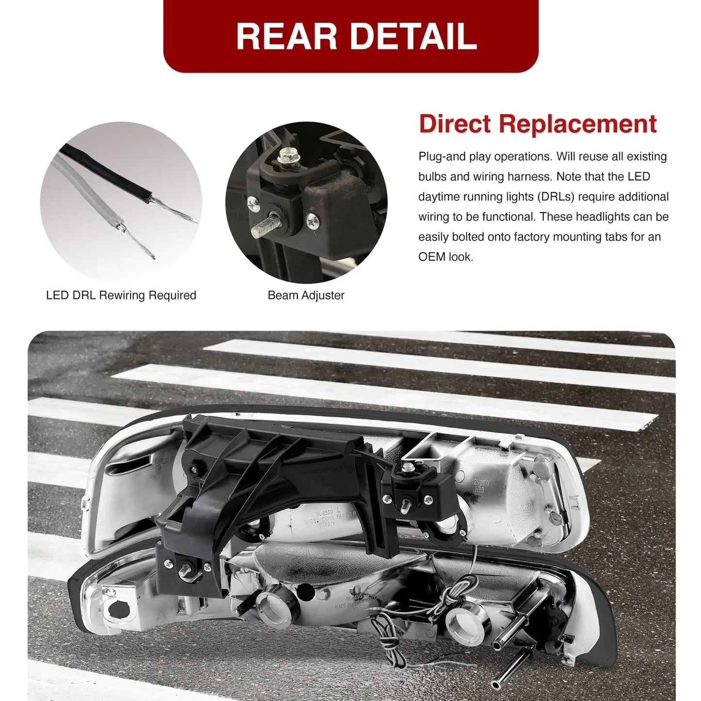 Back view of Silverado Suburban headlight assembly showing mounting points and connector plugs