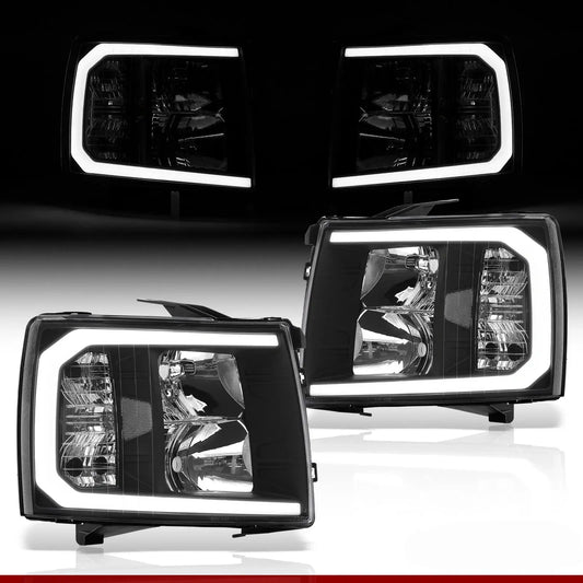 2007–2014 Chevy Silverado black headlight assembly pair with LED DRL front view
