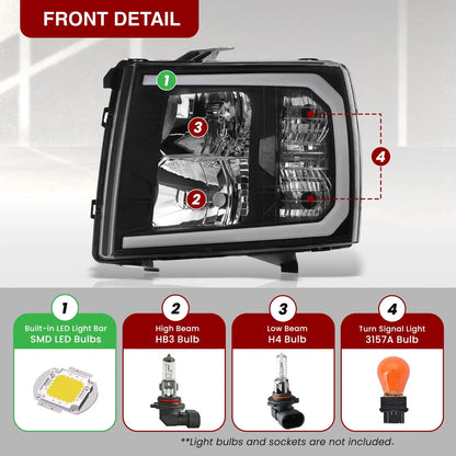 Front detail of 2007–2013 Chevy Silverado / 2007–2014 Silverado 2500HD 3500HD chrome headlight assembly showing built-in LED DRL strip, HB3 high beam, H4 low beam and 3157A turn signal bulb positions.