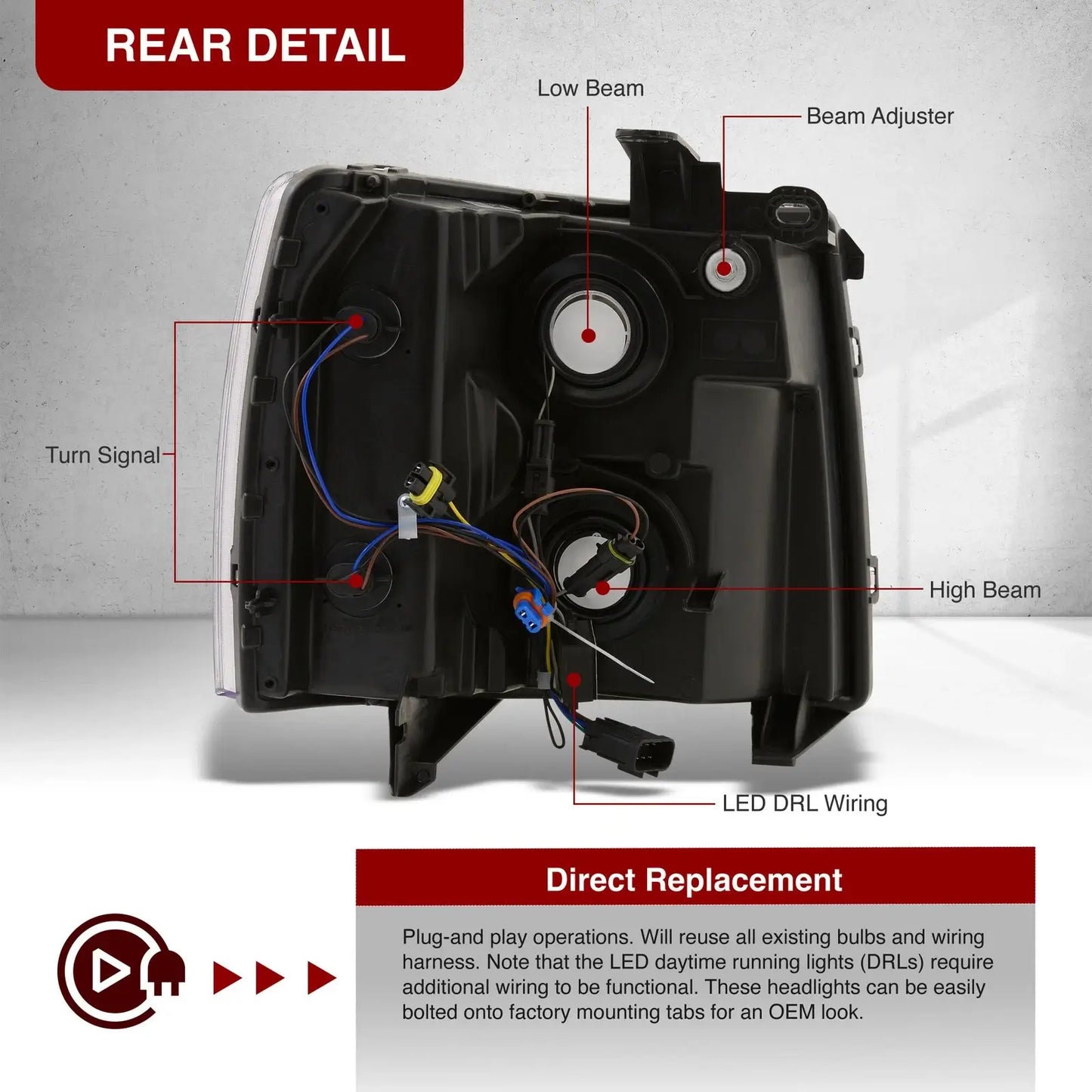 Back view of Silverado headlight assembly showing H11 low beam and 9005 high beam sockets

