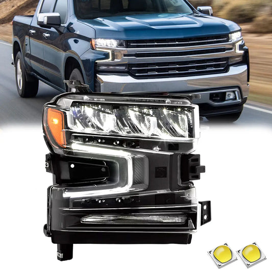 2019-2021 Chevy Silverado 1500 LED headlight assembly driver side front view with black housing and clear lens
