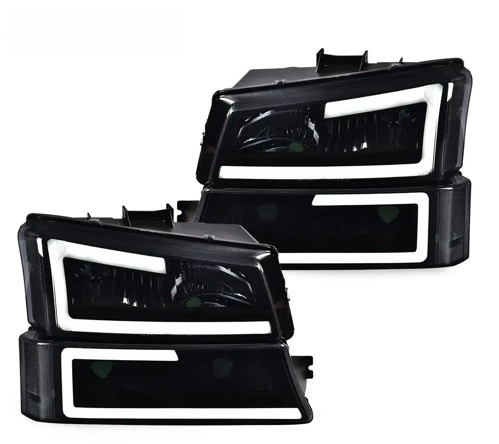 2003–2007 Chevy Silverado and Avalanche tinted headlight and bumper lamp pair with LED DRL front view