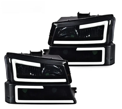 2003–2007 Chevy Silverado and Avalanche tinted headlight and bumper lamp pair with LED DRL front view