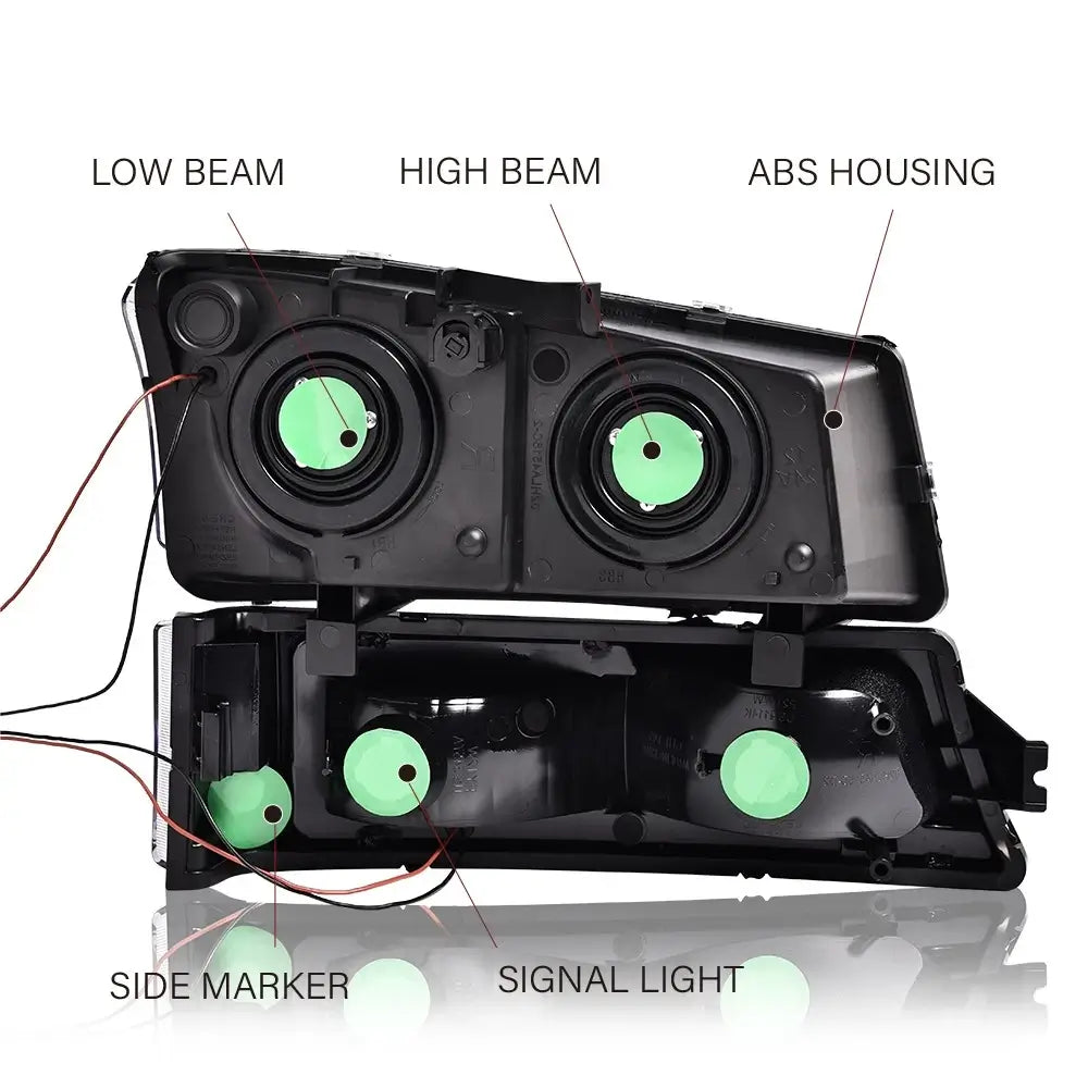 Rear view of Silverado Avalanche replacement headlight assembly showing wiring connections and mounting points