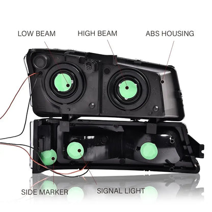 Rear view of Silverado Avalanche replacement headlight assembly showing wiring connections and mounting points