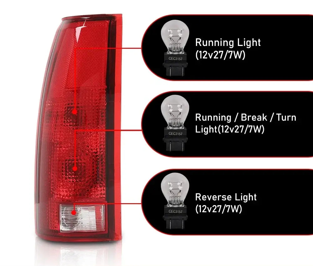 Close-up of red lens OE-style replacement tail light for 1988–1999 Chevy Silverado and GMC Sierra