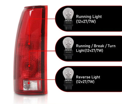 Close-up of red lens OE-style replacement tail light for 1988–1999 Chevy Silverado and GMC Sierra