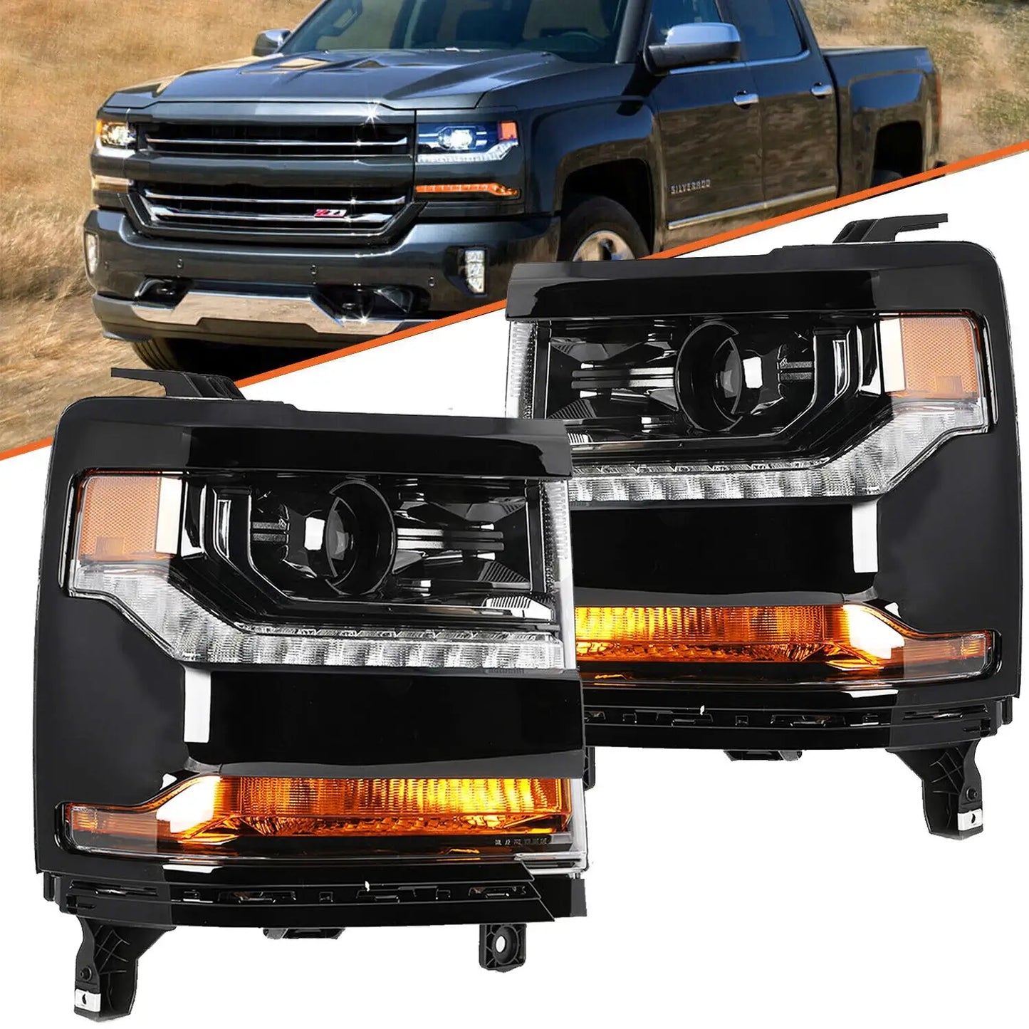 2016–2018 Silverado 1500 gloss black HID projector headlight assembly pair front view with LED DRL and amber turn signal lit

