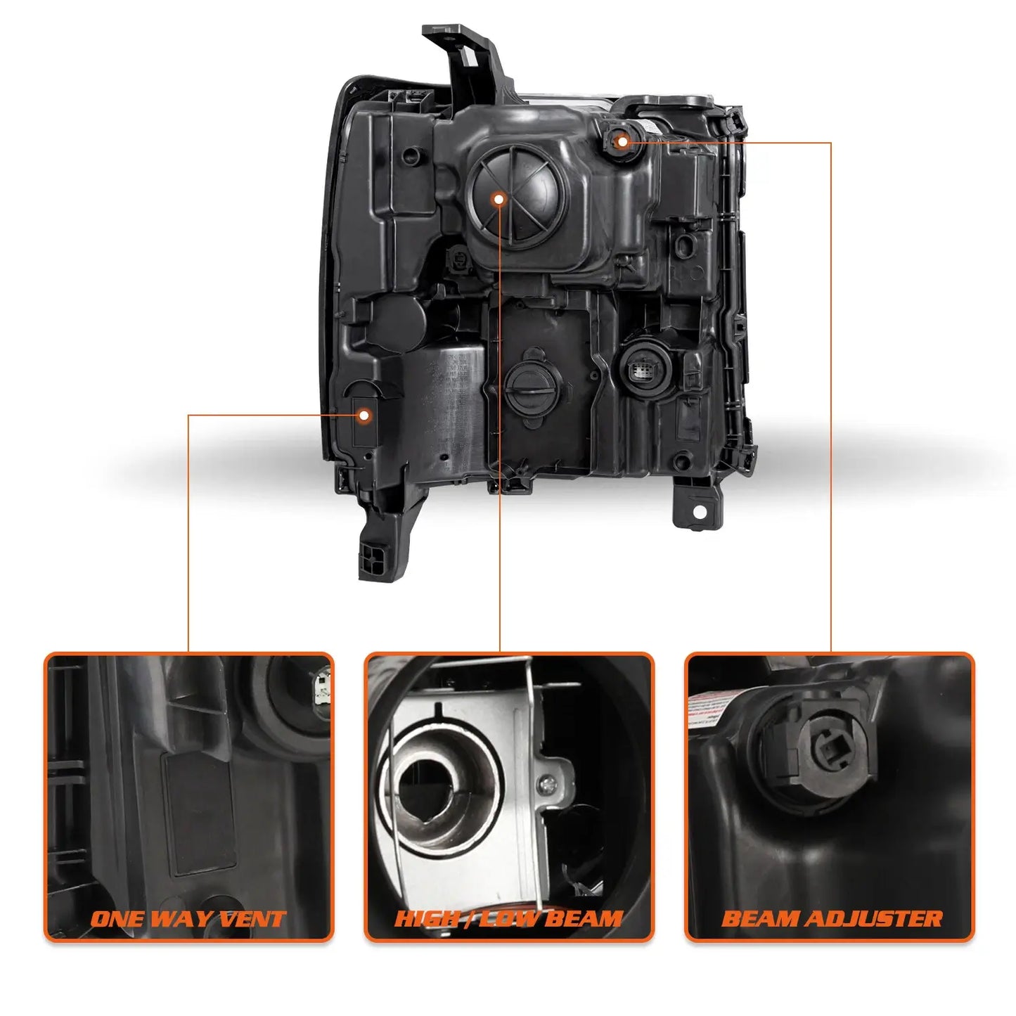 Back view of Silverado 1500 HID headlight showing one-way vent, high/low beam socket, and beam adjuster
