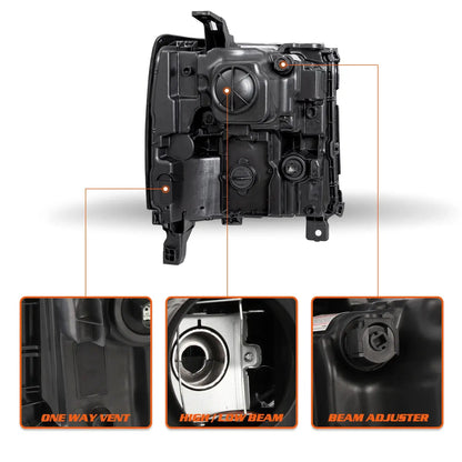 Back view of Silverado 1500 HID headlight showing one-way vent, high/low beam socket, and beam adjuster
