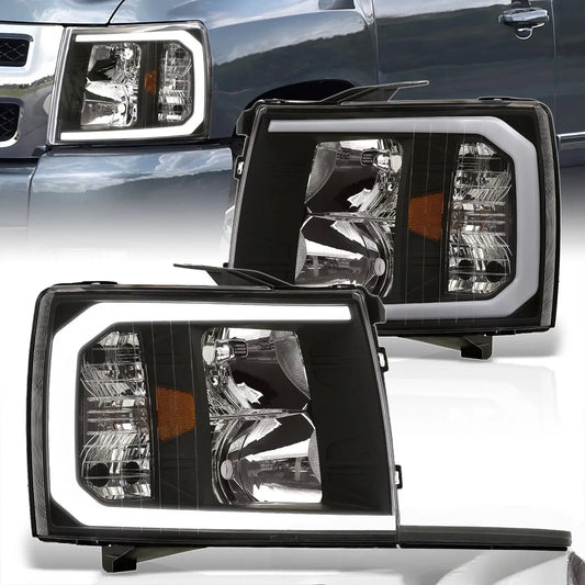 2007–2014 Chevy Silverado black headlight assembly pair with amber reflectors and LED DRL front view