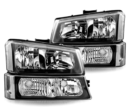2003-2006 Chevy Silverado Avalanche headlight assembly pair front view with black housing and clear lens
