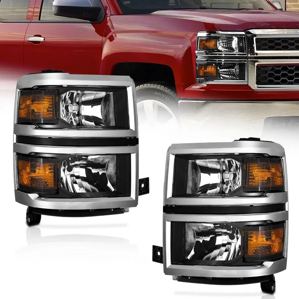 2014-2015 Chevy Silverado 1500 chrome headlight assembly pair front view