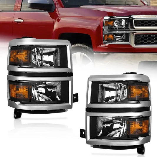 2014-2015 Chevy Silverado 1500 chrome headlight assembly pair front view