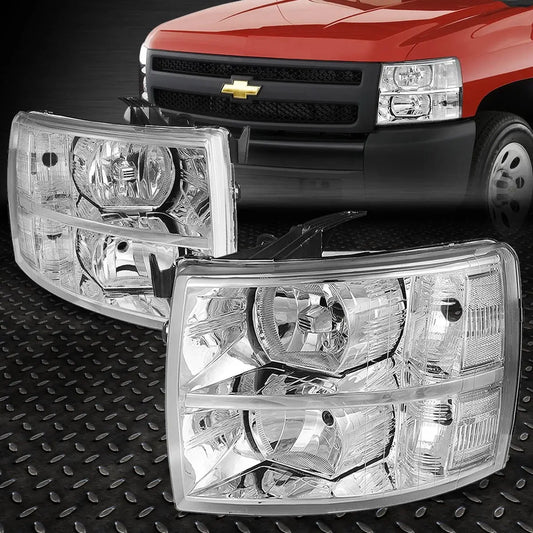 2007–2014 Chevy Silverado chrome headlight assembly pair front view with clear lens